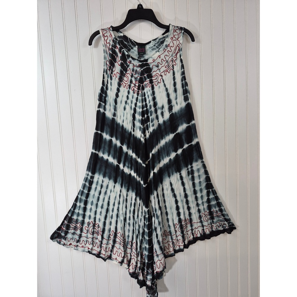 NWT Emily Stacy Tie Dye Handkerchief Hem Dress Black White Red Embroidery L/XL